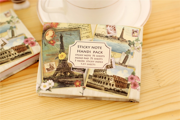 Cute Eiffel Tower Colosseum Hardback Small Vintage Notebook With Sticky Notes Pocket Memo Pads