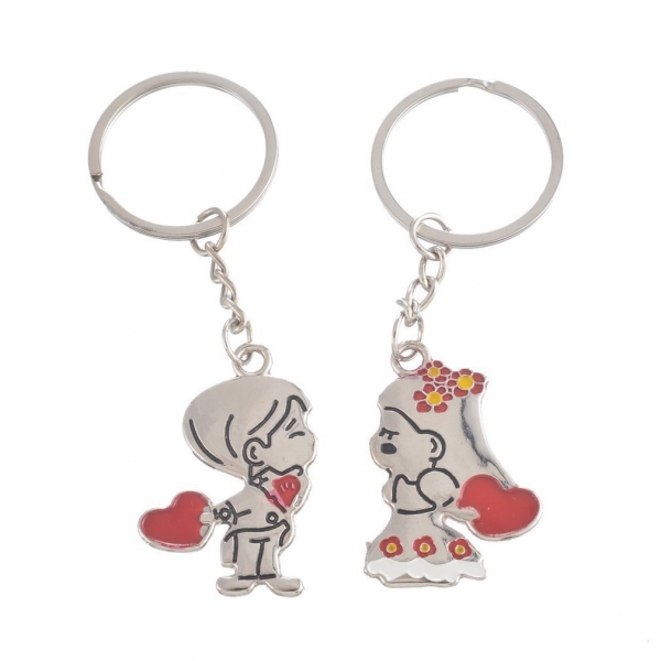 Kissing Boy Girl Love Heart Silver Metal Couple Keyrings Lovers Puzzle Key Chains