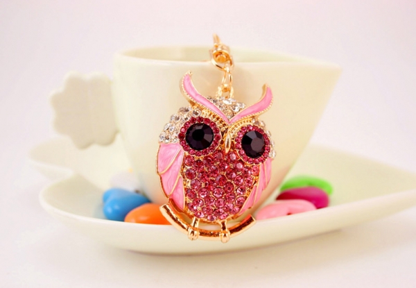 Pink Owl Birds Shaped Crystal Diamante Rhinestone Bag Charms Handbag Keyrings Pendant Key Chain