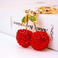 Red Cherry Fruit Sparkling Crystal Diamante Rhinestone Bag Charms Handbag Pendant Keyring Key Chain
