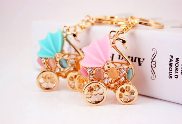 Swan Baby Pushchair Crystal Diamante Rhinestone Bag Charms Handbag Keyrings Pendant Key Chain