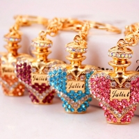 Pink Blue Purple Orange Perfume Bottle Shaped Crystal Diamante Rhinestone Bag Charms Handbag Keyring