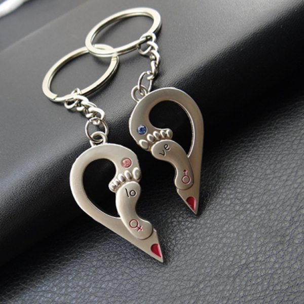 Love Heart Feet Footprints Silver Metal Couple Keyrings Lovers Puzzle Key Chains