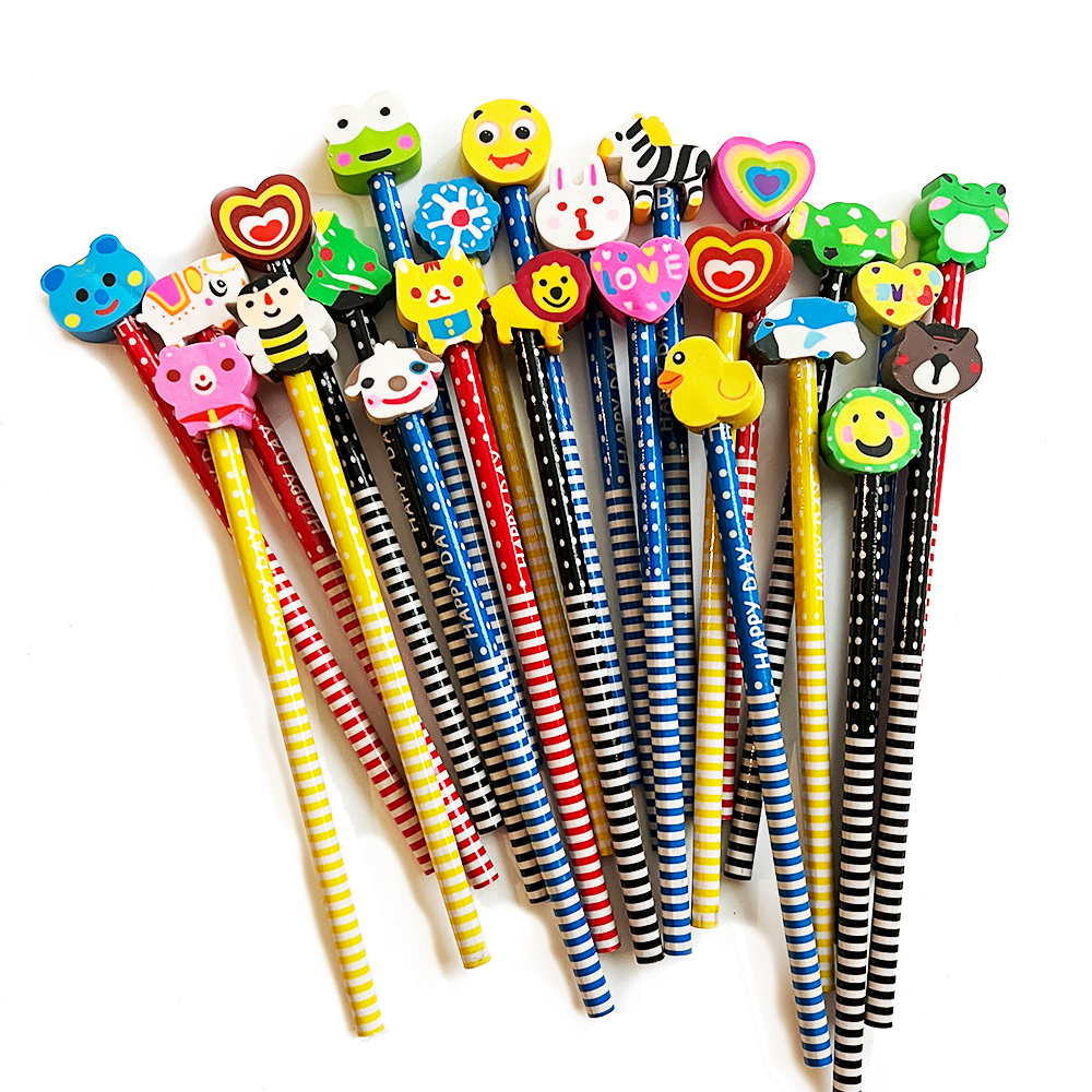12-100pc Pencils With Cute Animal Rubber Erasers Toppers Party Gift Bag Fillers 