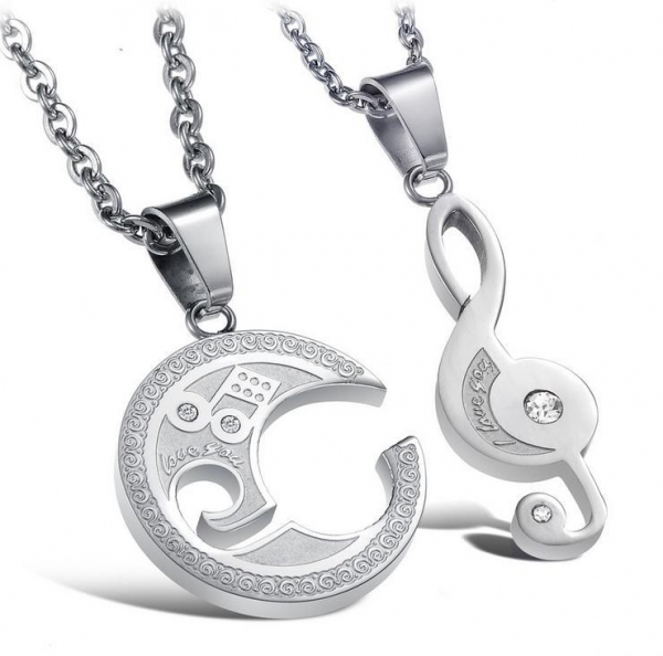 Music Note And Moon Lovers Pendant Couples Puzzle Stainless Steel Necklace Set