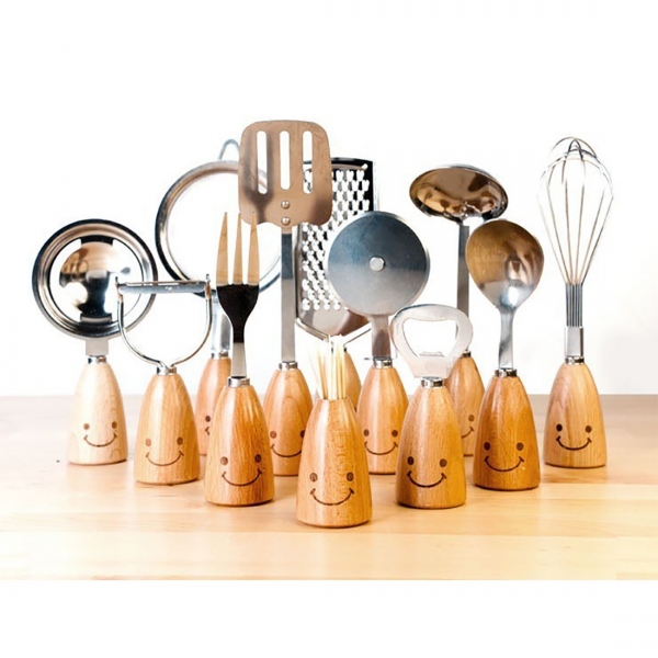13pc Novelty Bamboo Emoji Smiley Face Cooking Utensils Kitchen Gadget Cookware