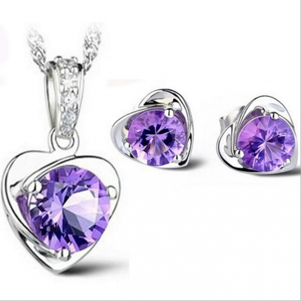 Love Heart Silver Necklace And Earrings Set Costume Jewellery Crystal Diamante Rhinestones