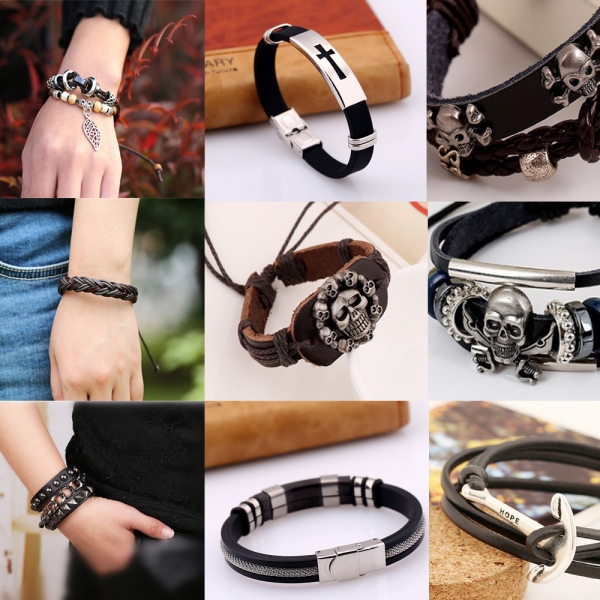 Black Adjustable Leather Wristband Bracelet Mens Womens Teens Boys Girls