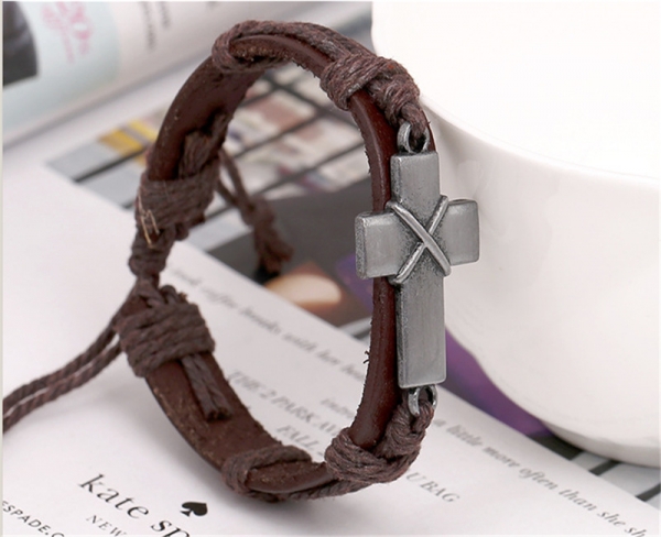 Retro Style Cross Brown Adjustable Leather Wristband Bracelet Mens Womens Teens
