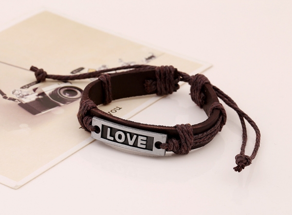 Sliver Love Tag Brown Adjustable Leather Wristband Bracelet Mens Womens Teens