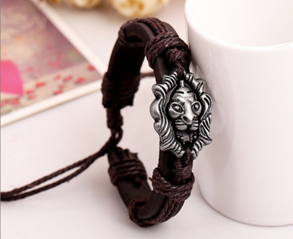 Silver Lion Head Black Adjustable Leather Wristband Bracelet Mens Womens Teens