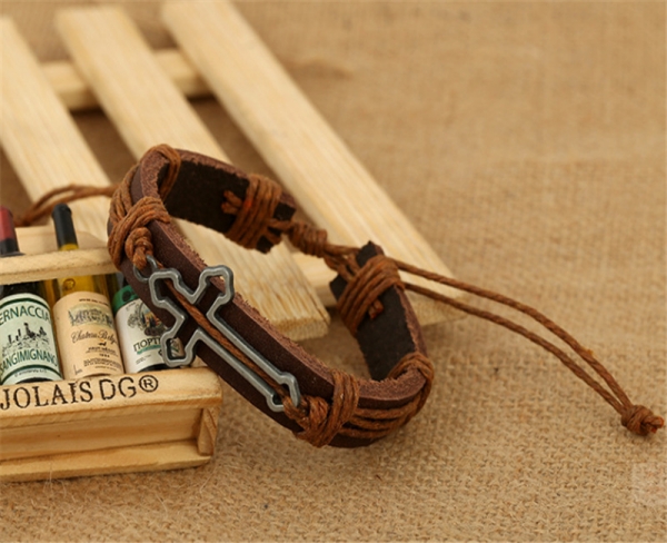 Retro Style Cross Brown Adjustable Leather Wristband Bracelet Mens Womens Teens