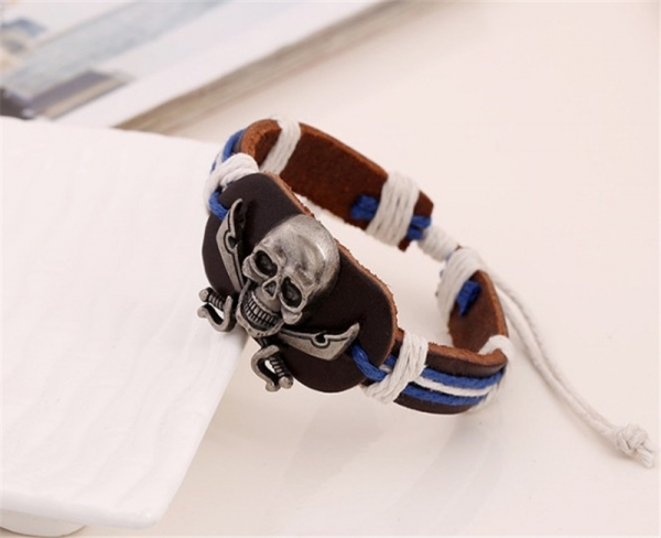 Pirate Flag Skull Crossed Swords Black Adjustable Leather Wristband Bracelet
