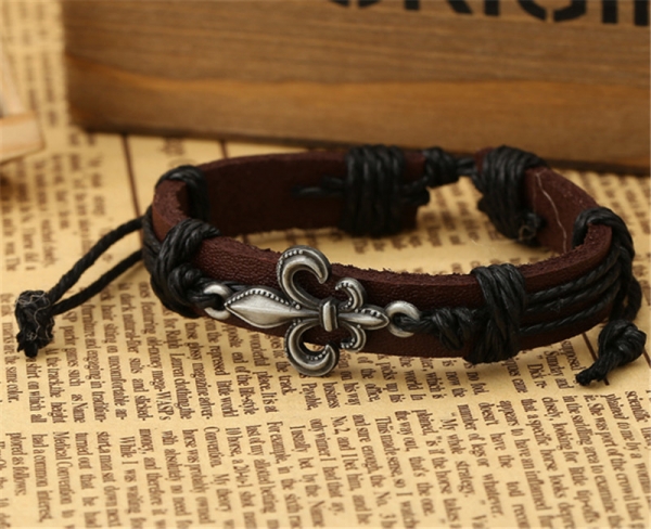 Retro Style Lily Flower Brown Adjustable Leather Wristband Bracelet Mens Womens