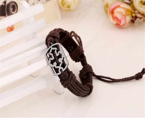 Retro Style Cross Brown Adjustable Leather Wristband Bracelet Mens Womens Teens