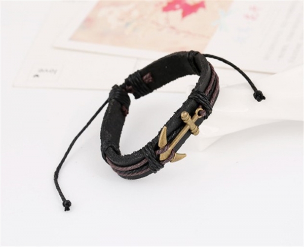 Copper Anchor Brown Adjustable Leather Wristband Bracelet Mens Womens Teens