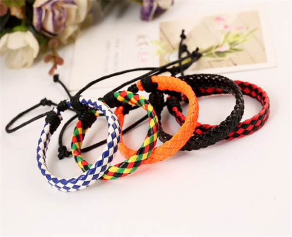 Black Red White Braided Adjustable Leather Wristband Bracelet Mens Womens Teens