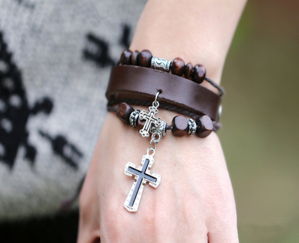 Silver Cross Black Adjustable Leather Wristband Bracelet Mens Womens Boys Girls