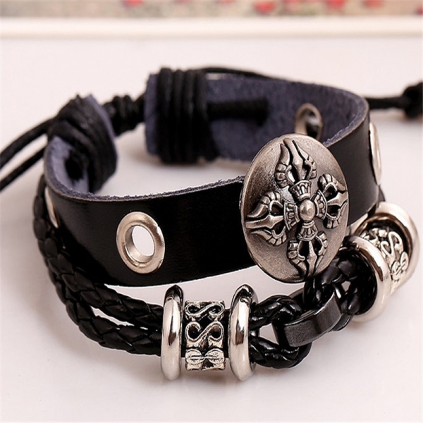Metal Shield Flower Black Adjustable Leather Wristband Bracelet Mens Womens Teen