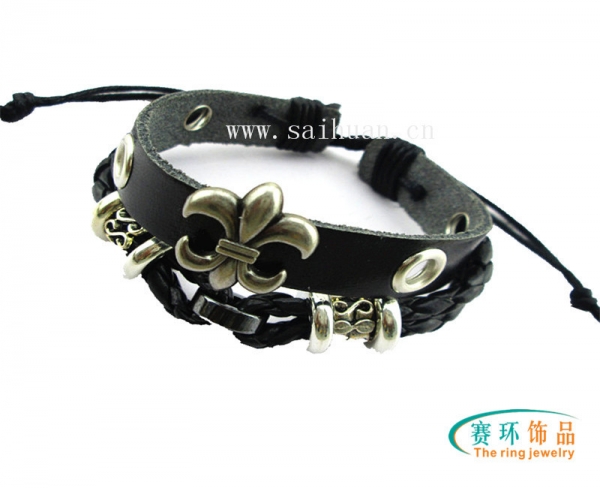 Retro Style Lily Flower Black Adjustable Leather Wristband Bracelet Mens Womens