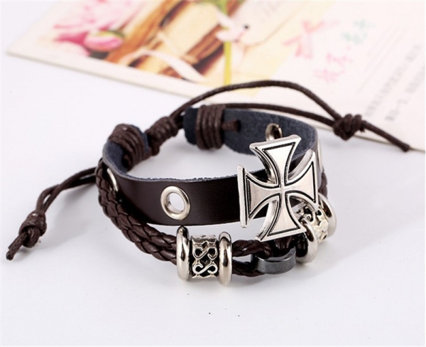 Silver Roman Style Cross Black Adjustable Leather Wristband Bracelet Mens Womens