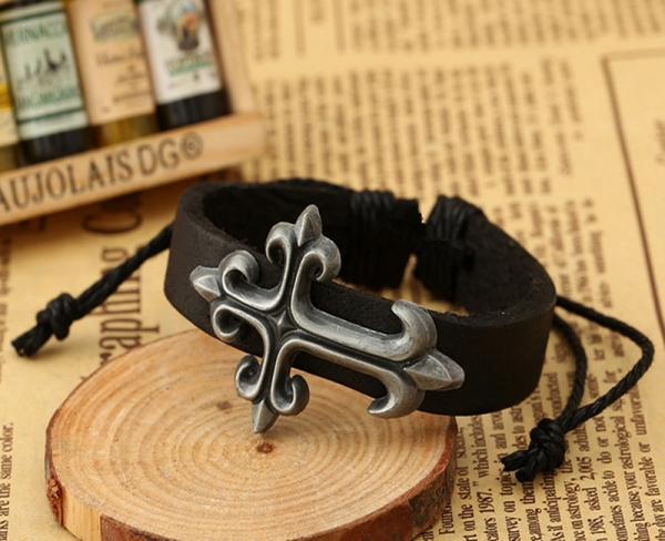 Retro Style Cross Black Adjustable Leather Wristband Bracelet Mens Womens Teens