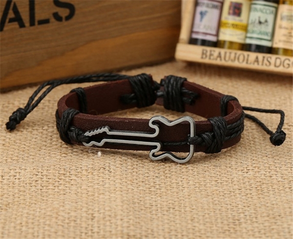 Sliver Metal Rock Guitar Adjustable Black Leather Wristband Bracelet Mens Womens