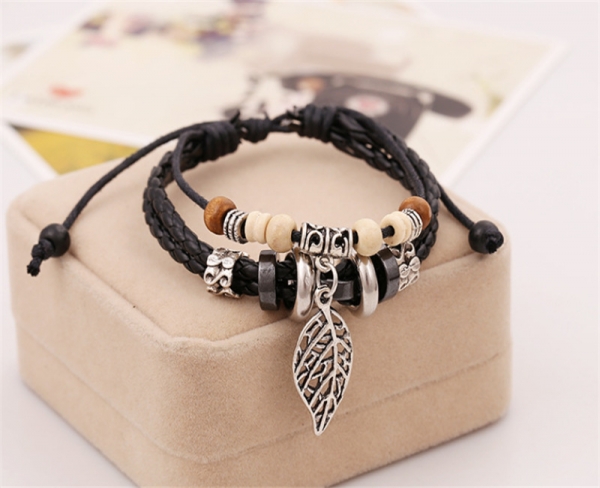 Sliver Meal Leaf Adjustable Black Leather Wristband Bracelet Mens Womens Teens