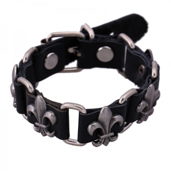 Retro Style Lily Flowers Black Adjustable Leather Wristband Bracelet Mens Womens
