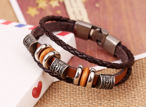 Silver Rings Brown Leather Wristband Bracelet Mens Womens Boys Girls