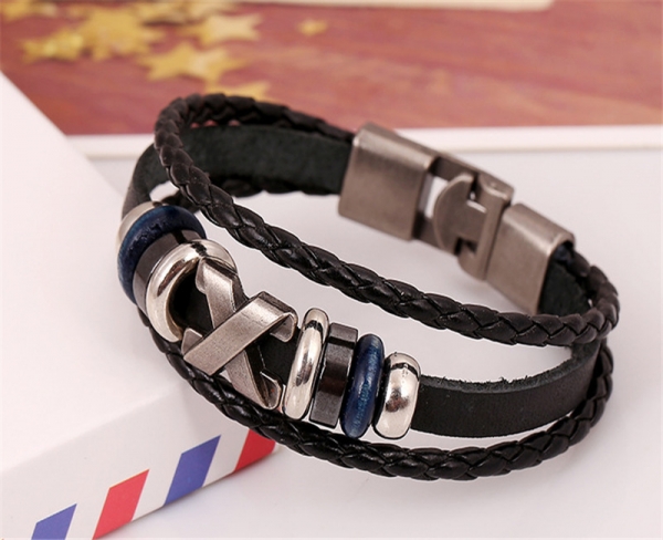 X Letter Silver Rings Black Leather Wristband Bracelet Mens Womens