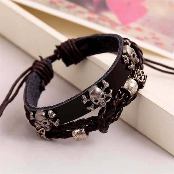 Sliver Skeleton Skulls Black Adjustable Leather Wristband Bracelet Mens Womens
