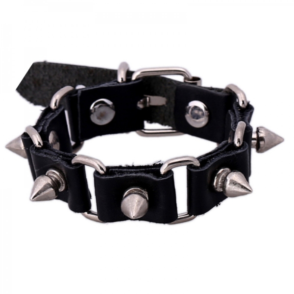 Spike Studded Black Adjustable Leather Wristband Bracelet Mens Womens Boys Girls