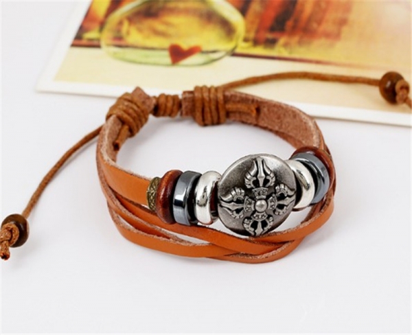 Metal Shield Flower Brown Adjustable Leather Wristband Bracelet Mens Womens Teen
