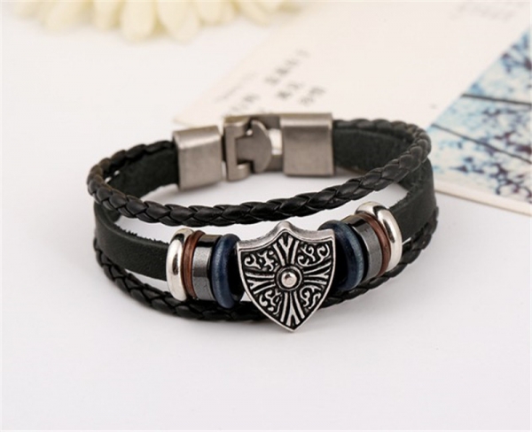Metal Shield Black Leather Wristband Bracelet Mens Womens Boys Girls