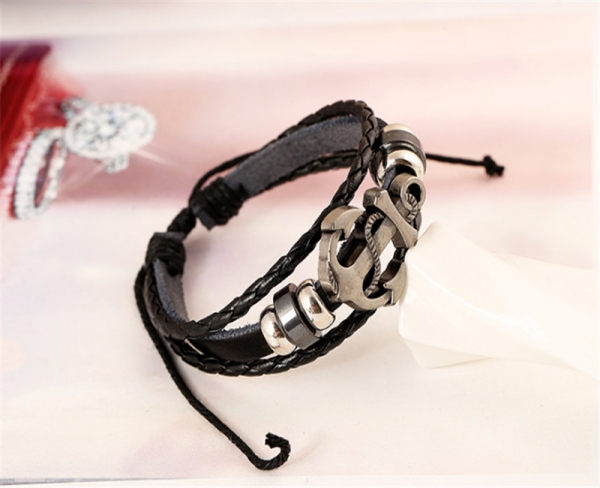 Sailor Anchor Black Braided Adjustable Leather Wristband Bracelet Mens Womens