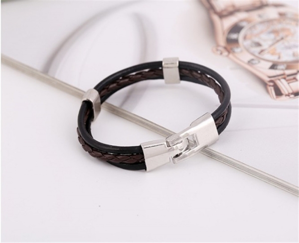 Black Braided Leather Wristband Bracelet Stainless Steel Mens Womens Boys Girls
