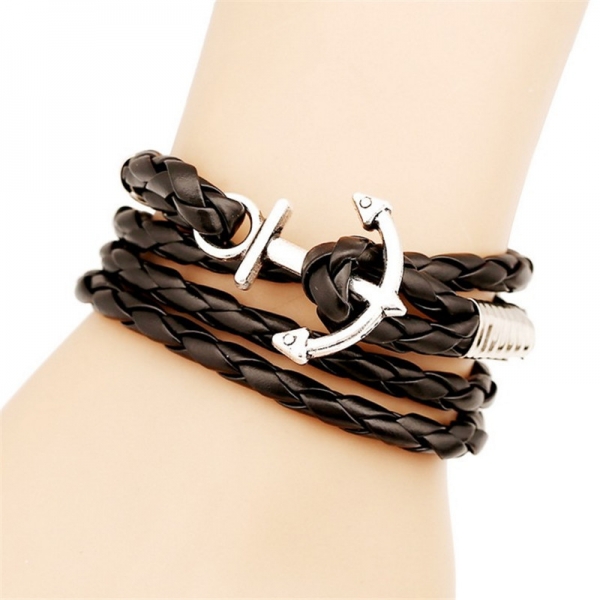 Silver Sailor Anchor Black Leather Wristband Bracelet Mens Womens