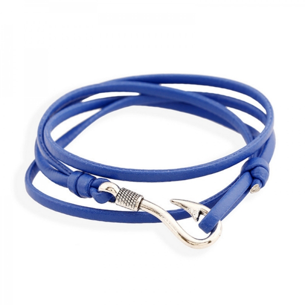 Fish Hook Fishhook Blue Leather Wristband Bracelet Mens Womens Boys Girls