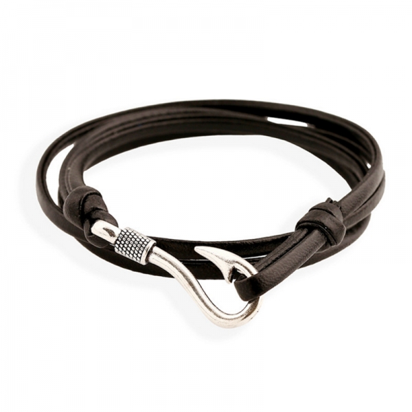 Fish Hook Fishhook Black Leather Wristband Bracelet Mens Womens Boys Girls