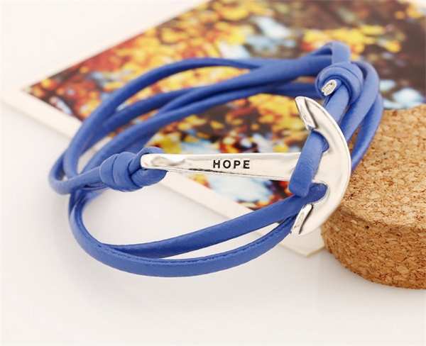 Silver Sailor Anchor Blue Leather Wristband Bracelet Mens Womens Teens