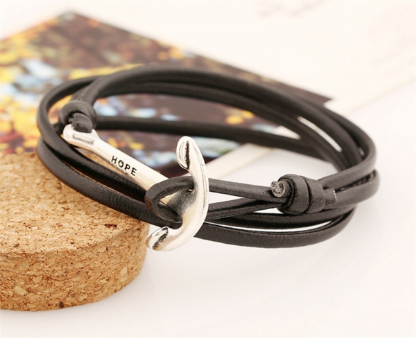 Sailor Anchor Black Leather Wristband Bracelet Mens Womens Teens