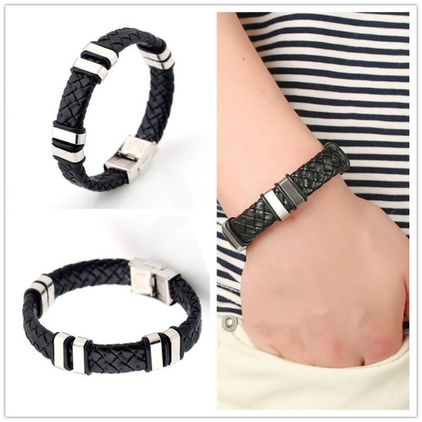 Black Braided Leather Wristband Bracelet Stainless Steel Mens Womens Boys Girls