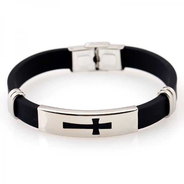 Stainless Steel Cross Black Leather Wristband Bracelet Mens Womens Boys Girls