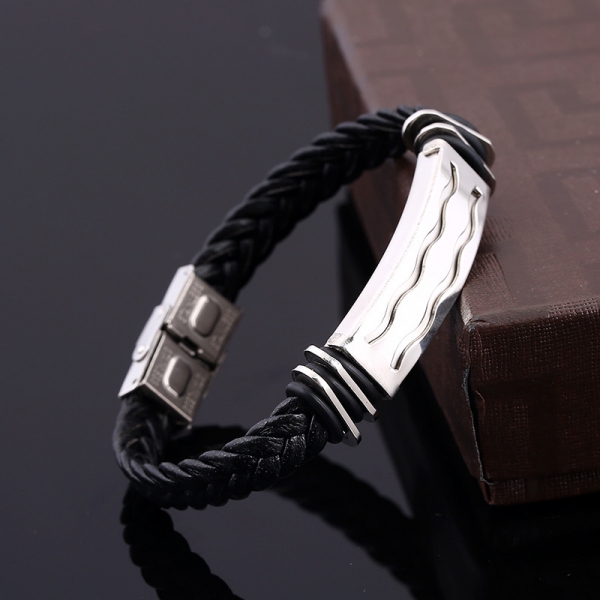 Black Braided Leather Wristband Bracelet Stainless Steel Mens Womens Boys Girls