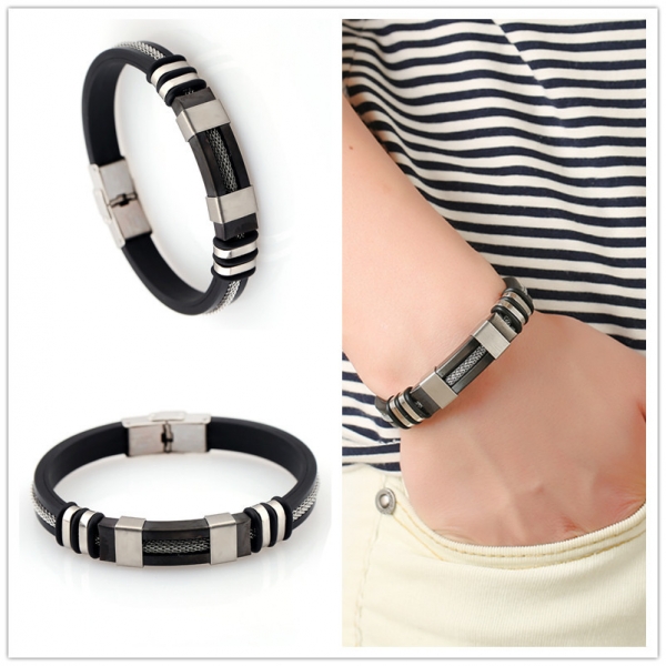 Stainless Steel Rope Black Leather Wristband Bracelet Mens Womens Boys Girls