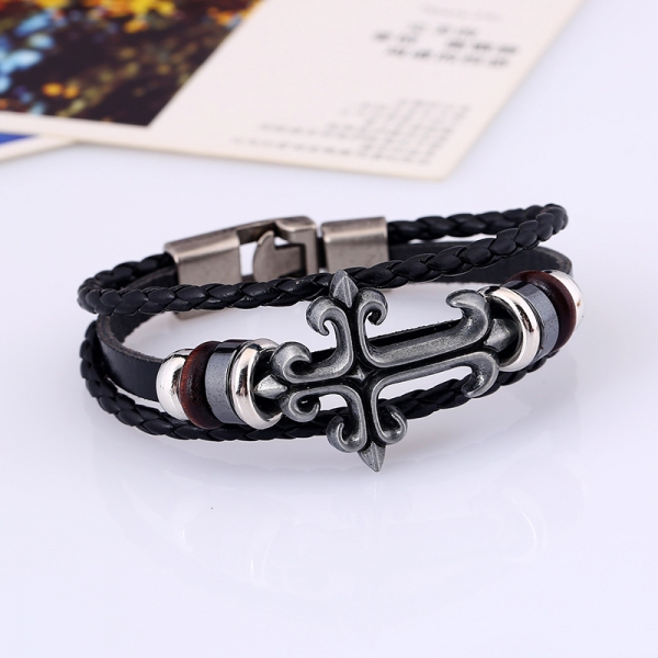 Retro Style Cross Black Braided Leather Wristband Bracelet Mens Womens Teens