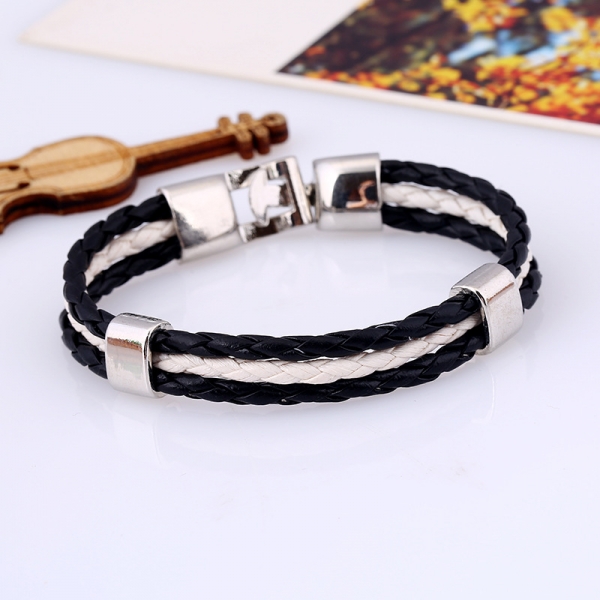 Black White Braided Leather Wristband Bracelet Stainless Steel Mens Womens Teens