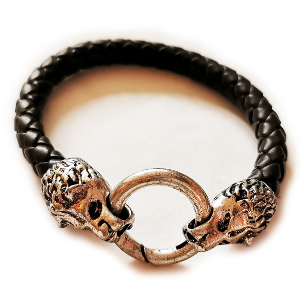 Silver Lion Head Black Braided Leather Wristband Bracelet Mens Womens Boys Girls