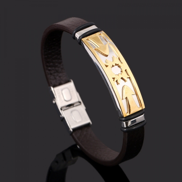 Gold Stainless Steel Tag Brown Leather Wristband Bracelet Mens Womens Boys Girls